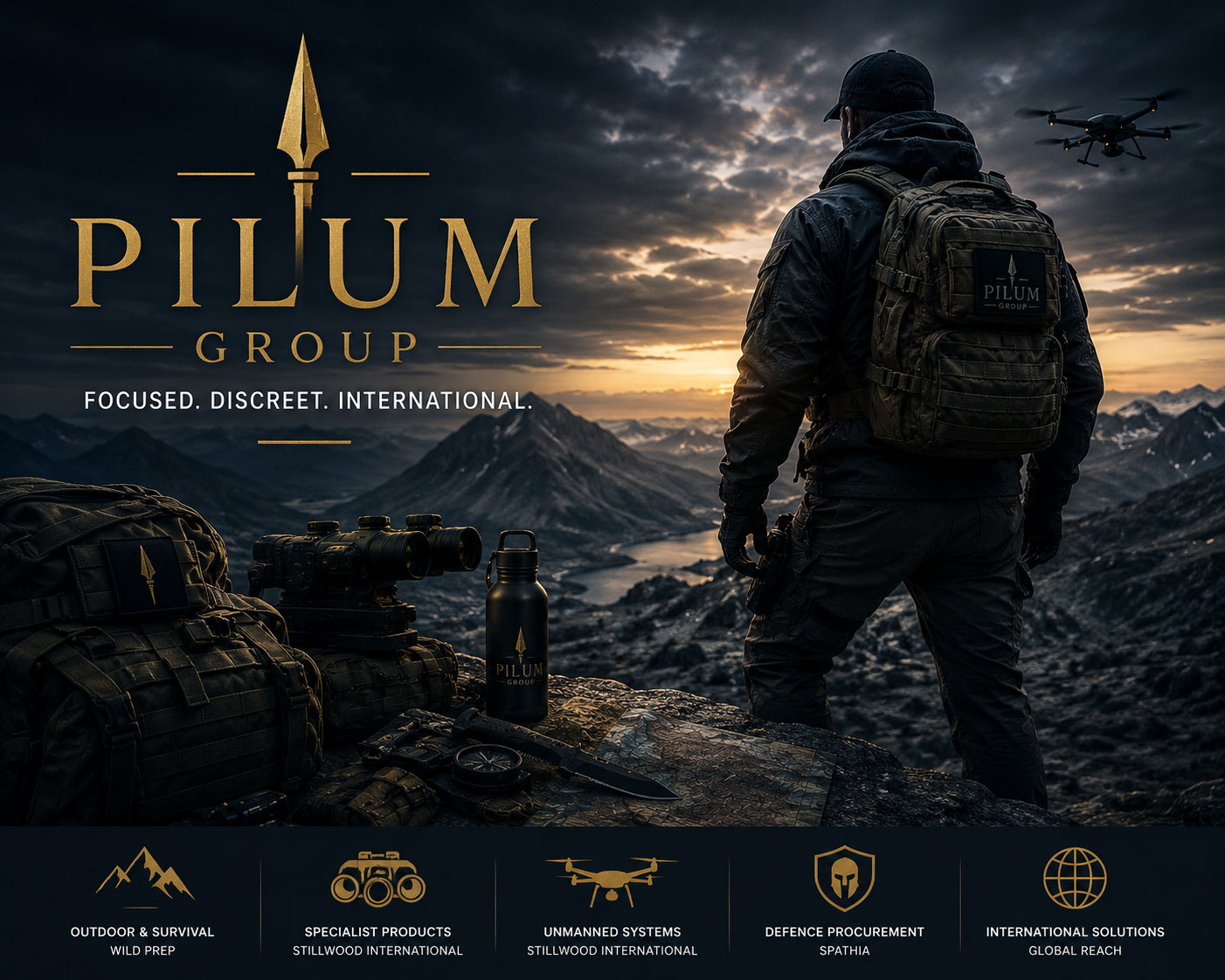 Pilum Group representing outdoor preparedness, specialist products, unmanned systems, defence procurement and international solutions.